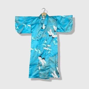 From Fire Kimono Robe Womens XS Blue Crane Bird Floral Satin Lounge W/ Belt